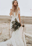 Trumpet/Mermaid Scalloped Neck Short Sleeve Court Train Lace Wedding Dress - dennisdresses