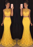 Trumpet/Mermaid Sleeveless Bateau Sweep Train Lace Prom Dress With Beaded - dennisdresses