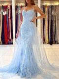 Trumpet/Mermaid Spaghetti Straps Court Train Lace Tulle Prom Dresses With Waistband - dennisdresses