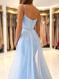 Trumpet/Mermaid Spaghetti Straps Court Train Lace Tulle Prom Dresses With Waistband - dennisdresses