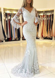 Trumpet/Mermaid V Neck 3/4 Sleeve Sweep Train Tulle Evening Dress With Waistband Appliqued - dennisdresses