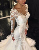 Trumpet/Mermaid V-neck Long Sleeves Lace Court Train Tulle Wedding Dresses - dennisdresses