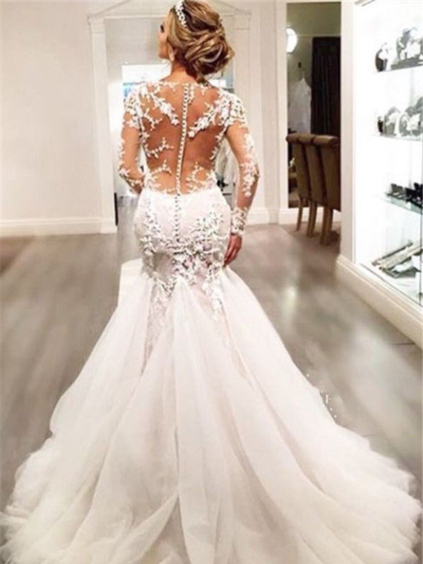 Trumpet/Mermaid V-neck Long Sleeves Lace Court Train Tulle Wedding Dresses - dennisdresses
