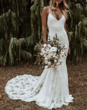 Trumpet/Mermaid V-neck Sleeveless Lace Applique Sweep/Brush Train Wedding Dresses