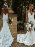 Trumpet/Mermaid V-neck Sleeveless Lace Applique Sweep/Brush Train Wedding Dresses - dennisdresses