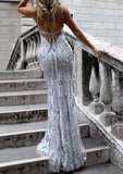 Trumpet/Mermaid V Neck Sleeveless Sweep Train Tulle Evening Dress With Beading Appliqued - dennisdresses