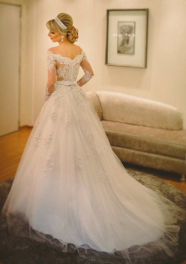Tulle Long/Floor-Length A-Line/Princess Full/Long Sleeve Off-The-Shoulder Covered Button Wedding Dress With Appliqued - dennisdresses
