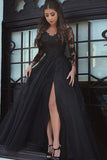 Tulle Long/Floor-Length A-Line/Princess Full/Long Sleeve Sweetheart Zipper Prom Dress With Appliqued