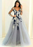 Tulle Long/Floor-Length A-Line/Princess Full/Long Sleeve V-Neck Zipper Evening Dress With Appliqued