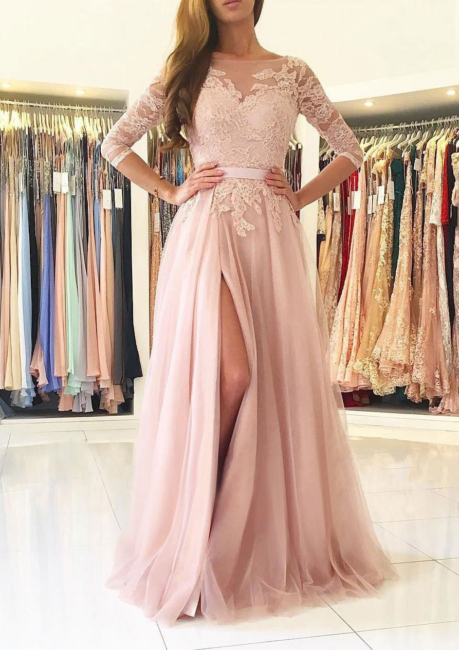 Tulle Prom Dress A-Line/Princess Bateau Sweep Train With Lace Waistband - dennisdresses