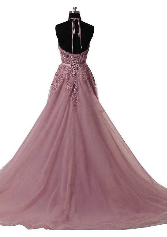 Tulle Prom Dress A-Line/Princess Scoop Neck Court Train With Appliqued - dennisdresses