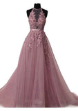 Tulle Prom Dress A-Line/Princess Scoop Neck Court Train With Appliqued - dennisdresses