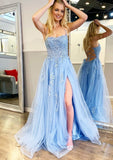 Tulle Prom Dress A-line/Princess Sweep Train Sleeveless With Split Lace Appliqued - dennisdresses