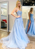 Tulle Prom Dress A-line/Princess Sweep Train Sleeveless With Split Lace Appliqued - dennisdresses