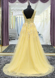 Tulle Prom Dress A-Line/Princess V-Neck Court Train With Appliqued - dennisdresses