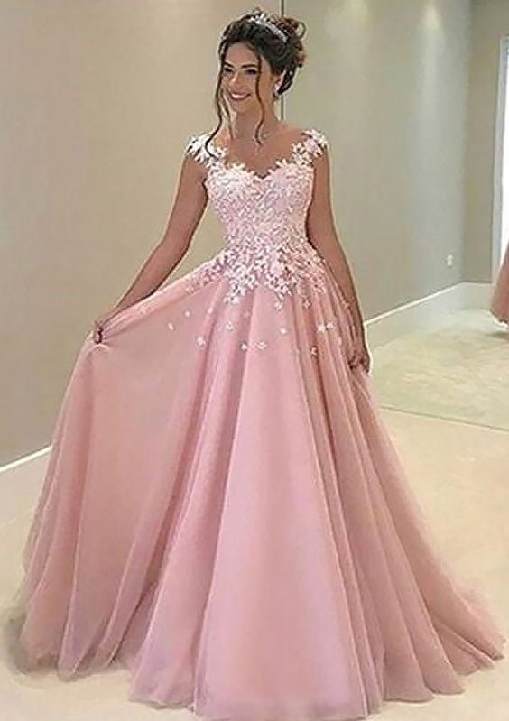 Tulle Prom Dress A-Line/Princess V-Neck Long/Floor-Length With Appliqued - dennisdresses