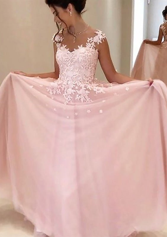 Tulle Prom Dress A-Line/Princess V-Neck Long/Floor-Length With Appliqued - dennisdresses