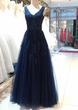 Tulle Prom Dress A-Line/Princess V-Neck Long/Floor-Length With Beaded Appliqued