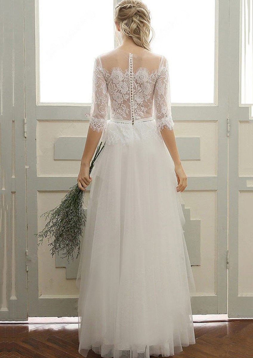 Tulle Wedding Dress A-Line/Princess Bateau Long/Floor-Length With Lace - dennisdresses