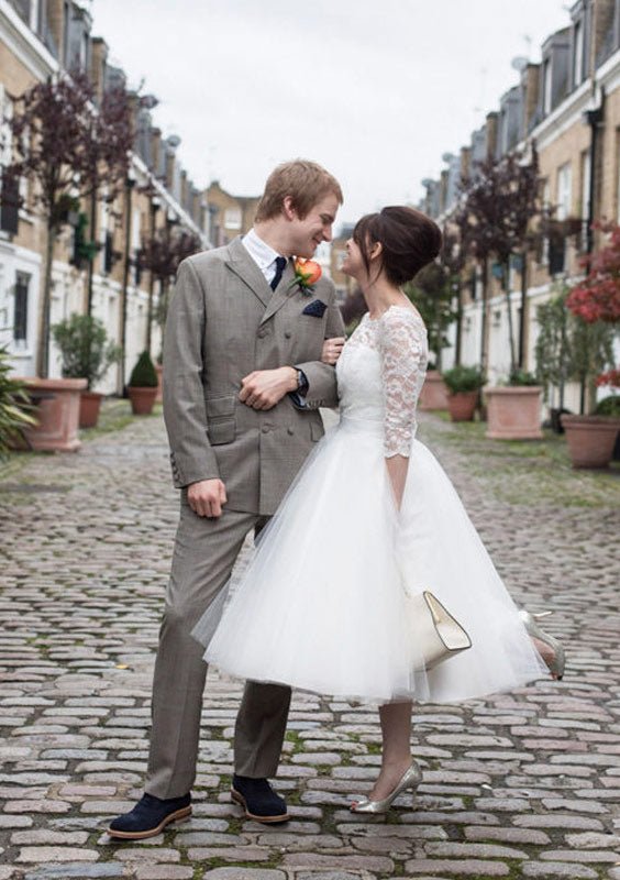 Tulle Wedding Dress A-Line/Princess Bateau Tea-Length With Lace - dennisdresses