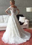 Tulle Wedding Dress A-Line/Princess Off-The-Shoulder Court Train Lace - dennisdresses