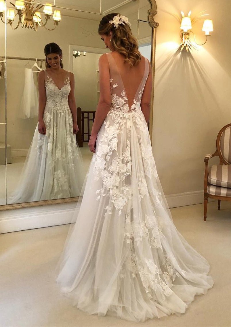 Tulle Wedding Dress A-Line/Princess V-Neck Long/Floor-Length With Appliqued - dennisdresses