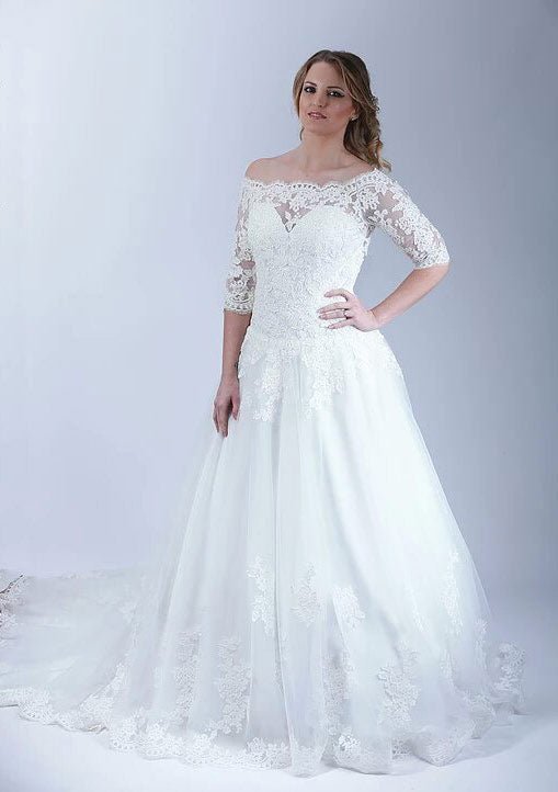 Tulle Wedding Dress Ball Gown Off-The-Shoulder Sweep Train With Lace - dennisdresses
