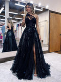 A-Line Prom Dresses Color Block Dress Formal Sweep / Brush Train Sleeveless One Shoulder Tulle Backless with Pleats Appliques 2023