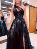 A-Line Prom Dresses Color Block Dress Formal Sweep / Brush Train Sleeveless One Shoulder Tulle Backless with Pleats Appliques 2023