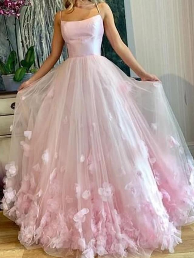 A-Line Prom Dresses Elegant Dress Engagement Floor Length Sleeveless Spaghetti Strap Tulle with Pleats Appliques 2023
