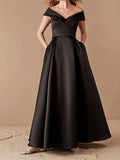 A-Line Plus Size Prom Formal Evening Dress Off Shoulder Short Sleeve Floor Length Satin with Pleats Ruched 2023