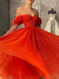 A-Line Prom Dresses Corsets Dress Wedding Party Tea Length Sleeveless Off Shoulder Tulle with Glitter Sequin 2023