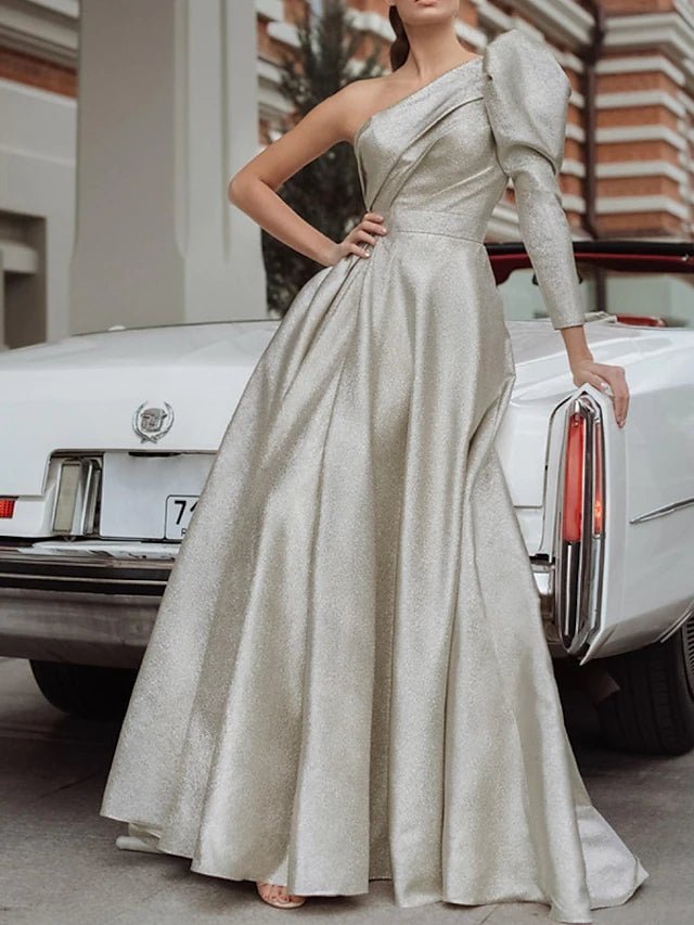 A-Line Evening Gown Maxi Dress Formal Floor Length Long Sleeve One Shoulder Sequined with Pleats 2023