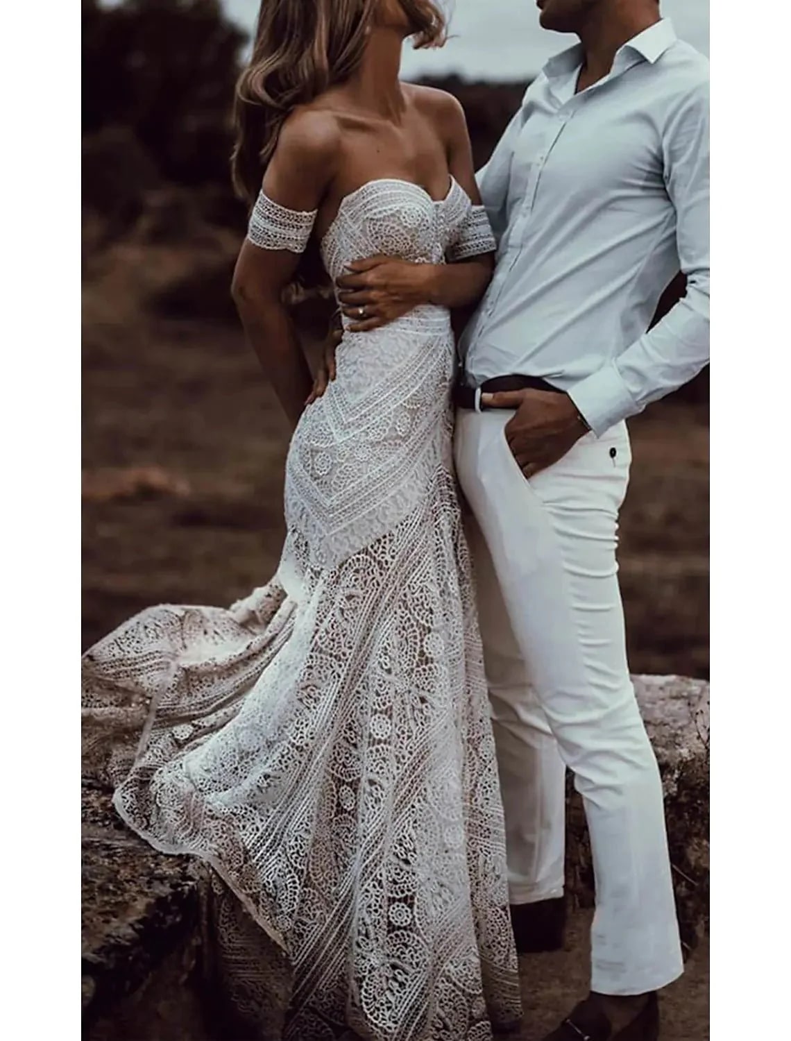 Women's Bohemian Wedding Dresses with Detachable Arm Bands Sweetheart Mermaid Lace Bridal Gown