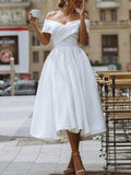 A-Line Wedding Dresses Knee Length Vintage Little White Dresses Short Sleeve Off Shoulder Satin With 2023 Bridal Gowns